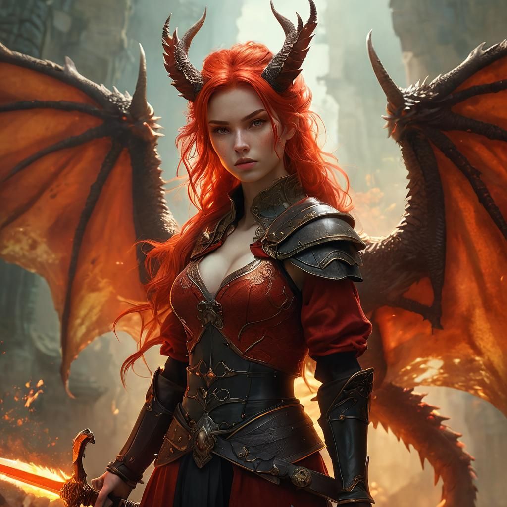 Vibrant Woman Dragon in Fantasy Armor