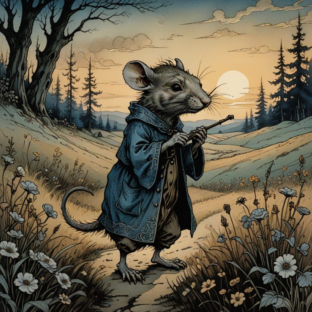 Whimsical Rat Flute Player in Arthur Rackham Style