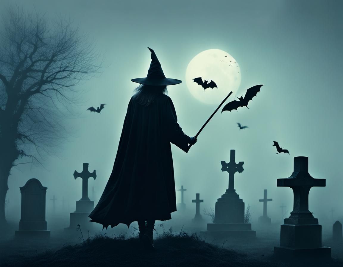Witch Conjures Magic in Foggy Graveyard