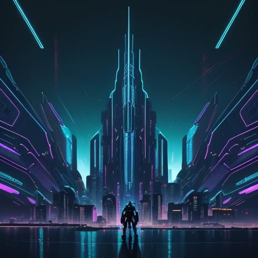 Cybernetic Giant in Neon Cityscape