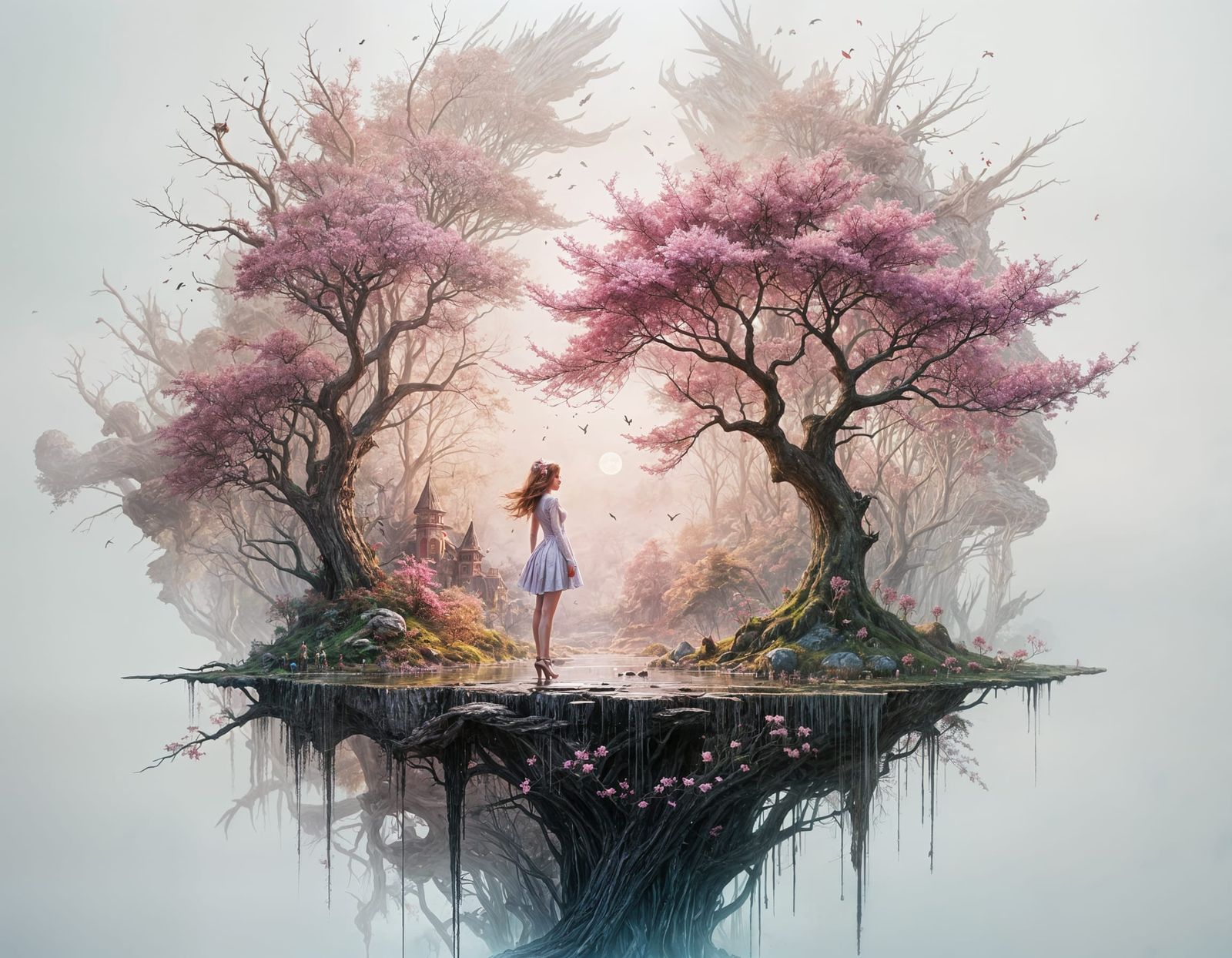 Surreal Mirror Reflects Inverted Forest with Luminous Tree