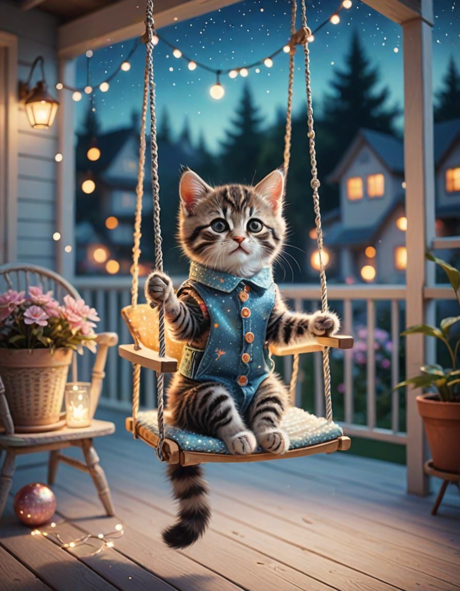 Cute Kitten on Rocking Chair with Glittering Lights