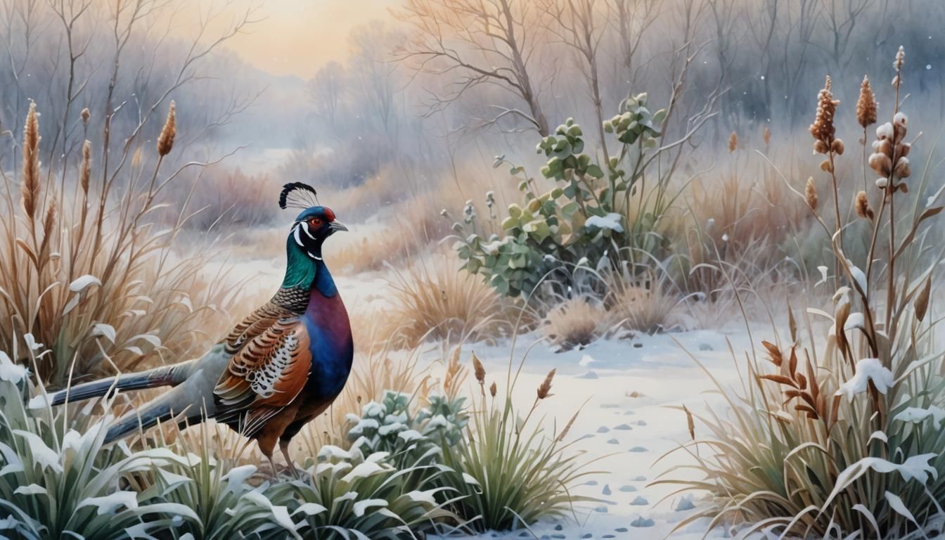 Watercolor Pheasant and Chukar Partridge in Foggy Snowy Land...