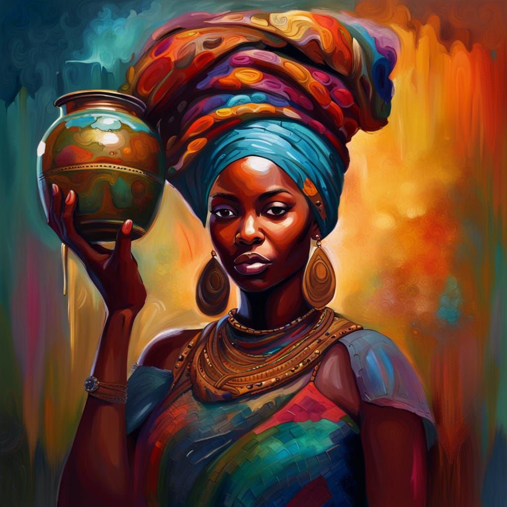 Vibrant African Matriarch in Fantastical Oil Painting