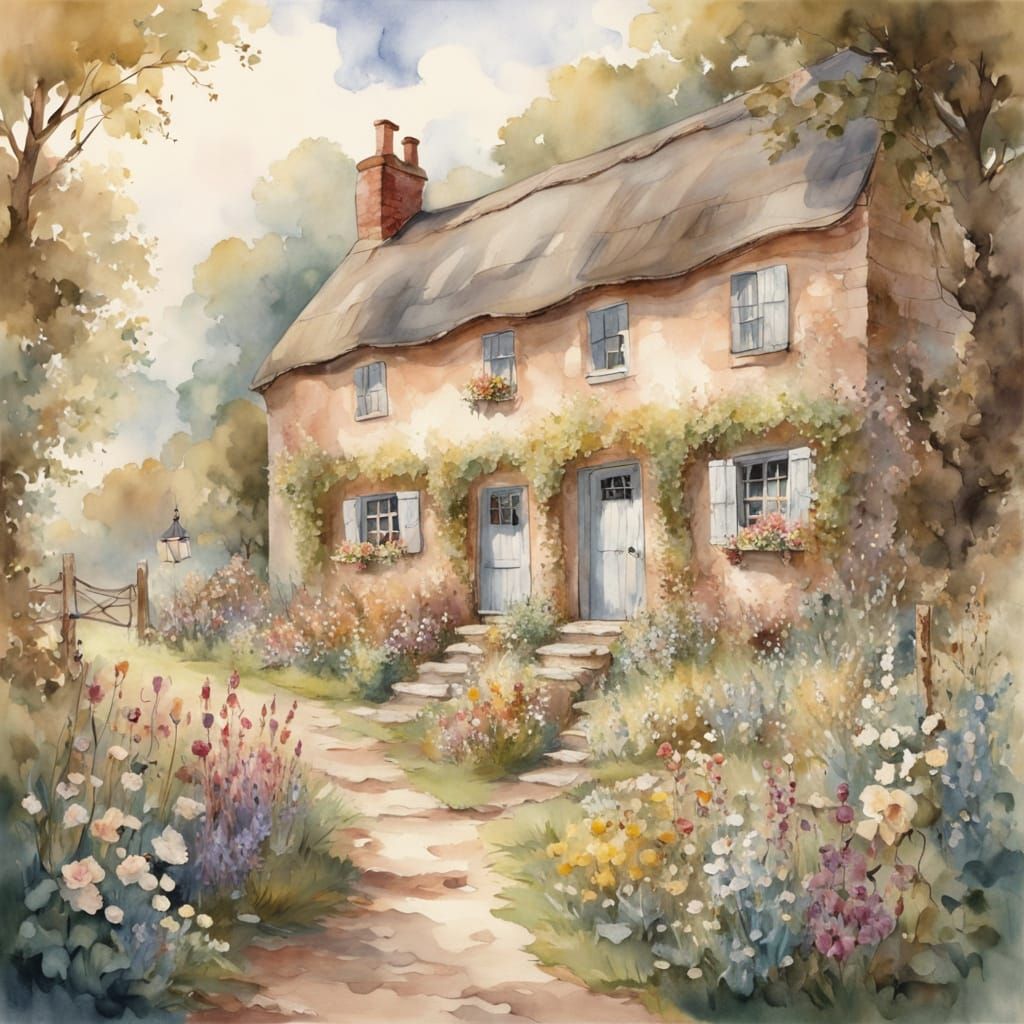 Ethereal Cottage Scene in Whimsical Watercolor