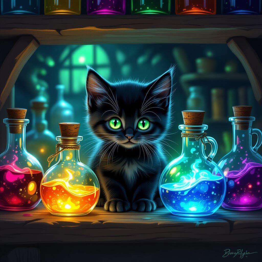 Cute Black Kitten Amongst Magical Glowing Potions
