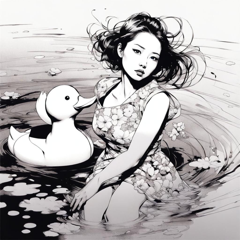 Happy Girl Paddles Rubber Duck in Floral Dress