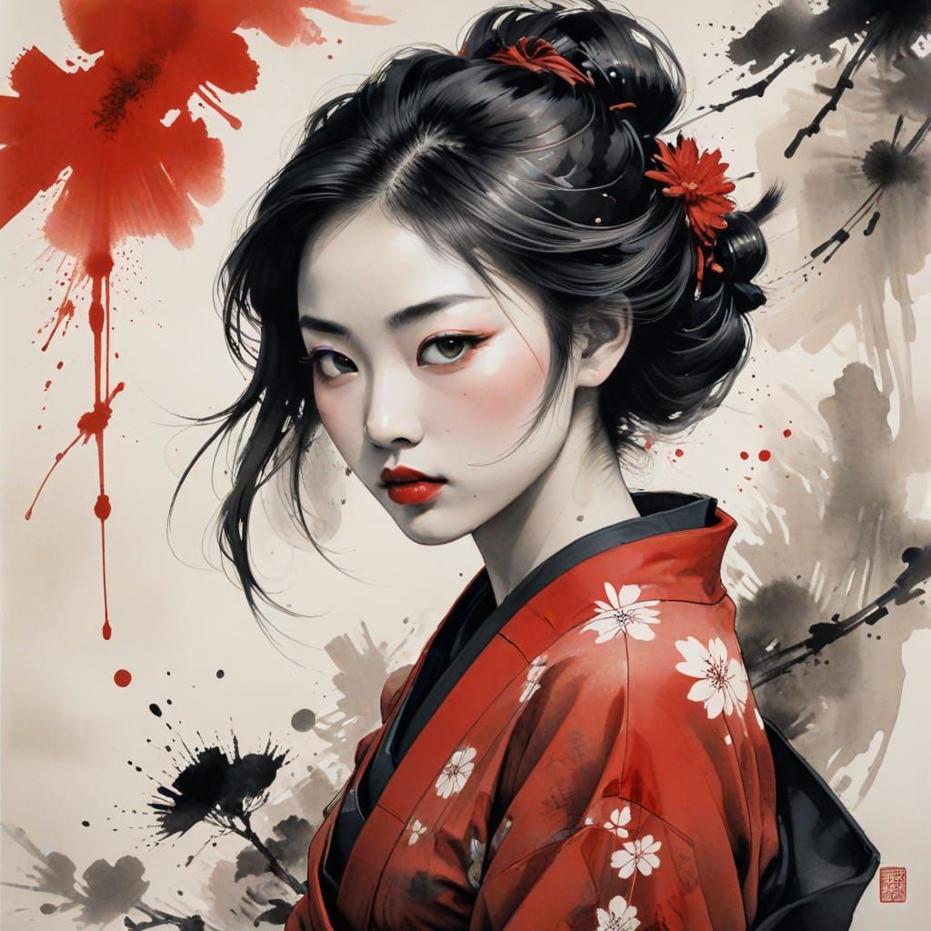 Exquisite Female Portrait in Japanese Ink Wash Style