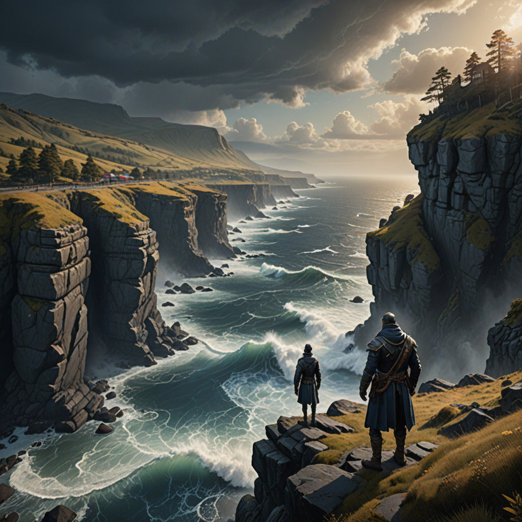 Majestic Cliffside Encounter in Expressionist Style