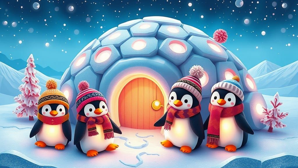 Charming Chibi Penguin Village in Psychedelic Ice Landscape