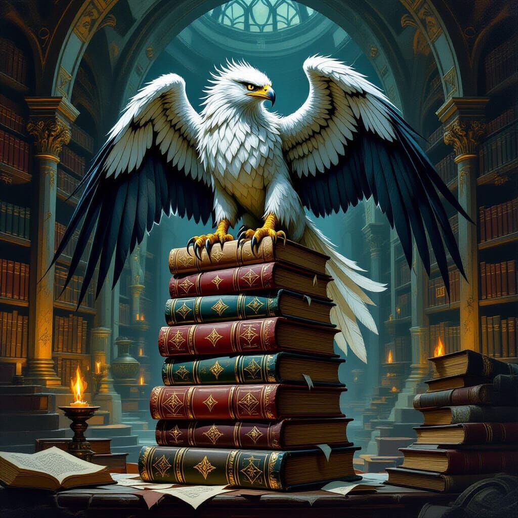 Griffin Perched Atop Ancient Tomes: Impasto Oil