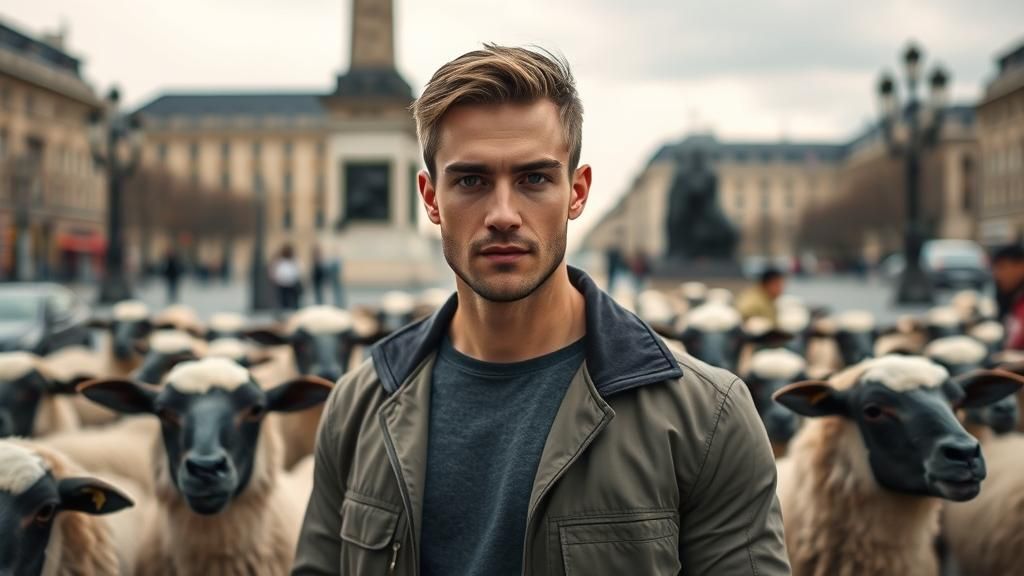 Confident Man Among Flock of Sheep at Place Vendôme in Paris