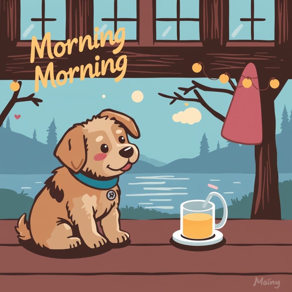 Happy Morning Cartoon Postcard of a Cute Little Dog