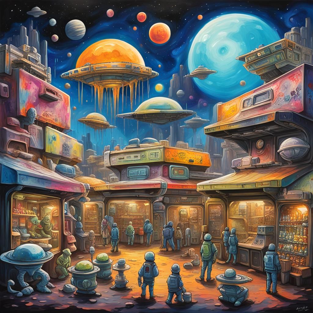 Vibrant Interstellar Market in Cyberpunk Style