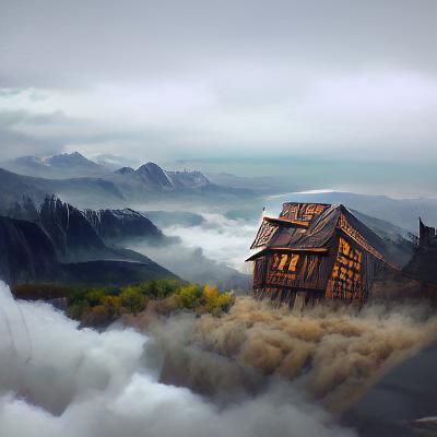 Wooden House Amidst Foggy Mountain Peaks in an Impressive Ma...