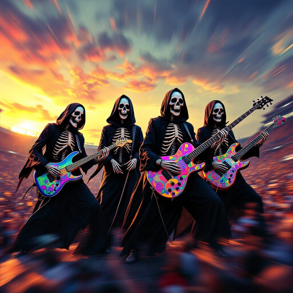 Four Grim Reaper Beatles Rock Out on a Sunset Stage