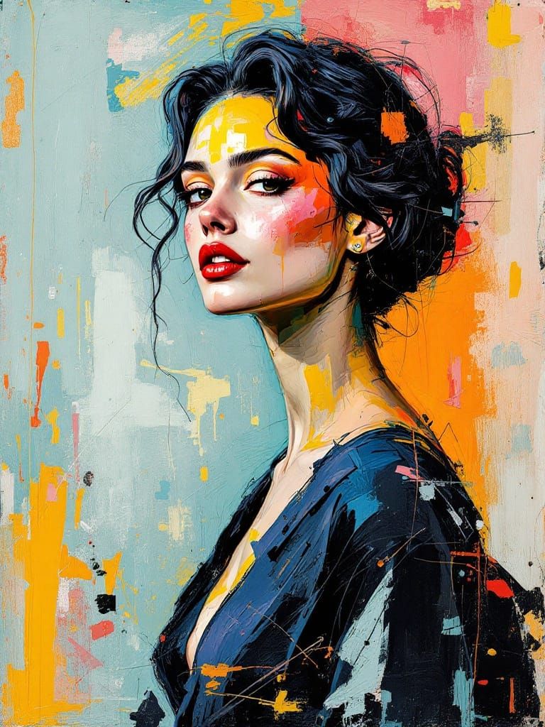 Expressive Portrait in Vibrant Colors and Dynamic Brushstrok...