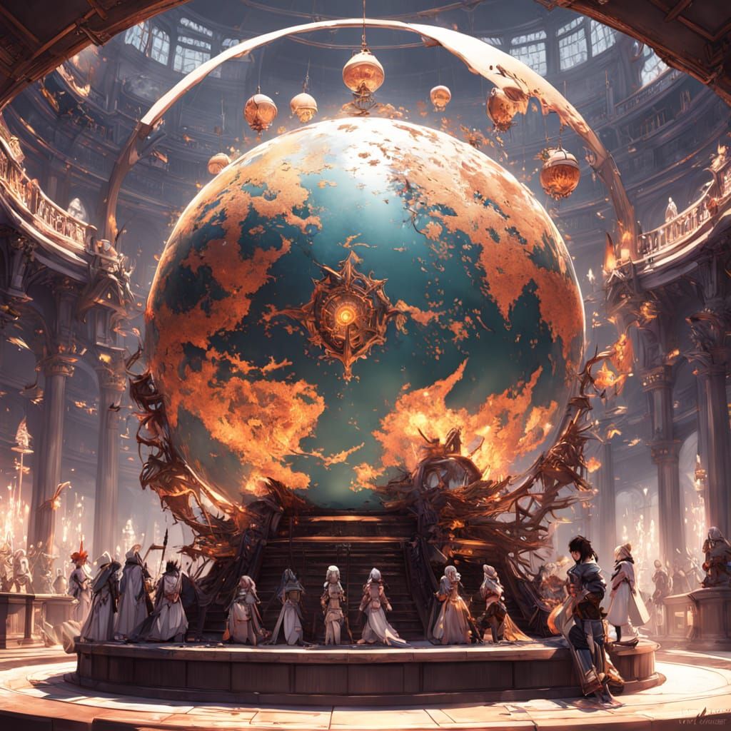 Fantasy Warriors on Colorful Thrones with a Giant Globe