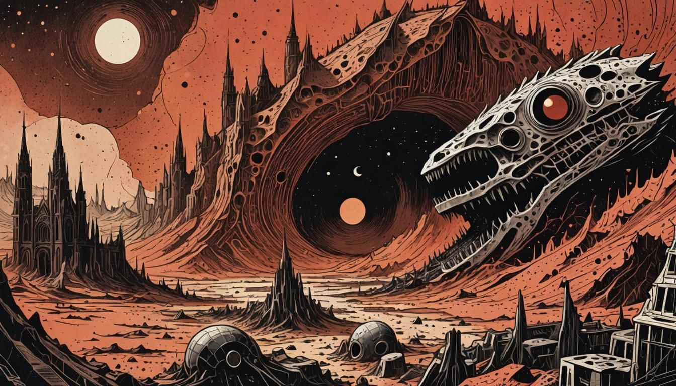 Retrofuturistic Mars Eclipse in Distressed Comic Book Style