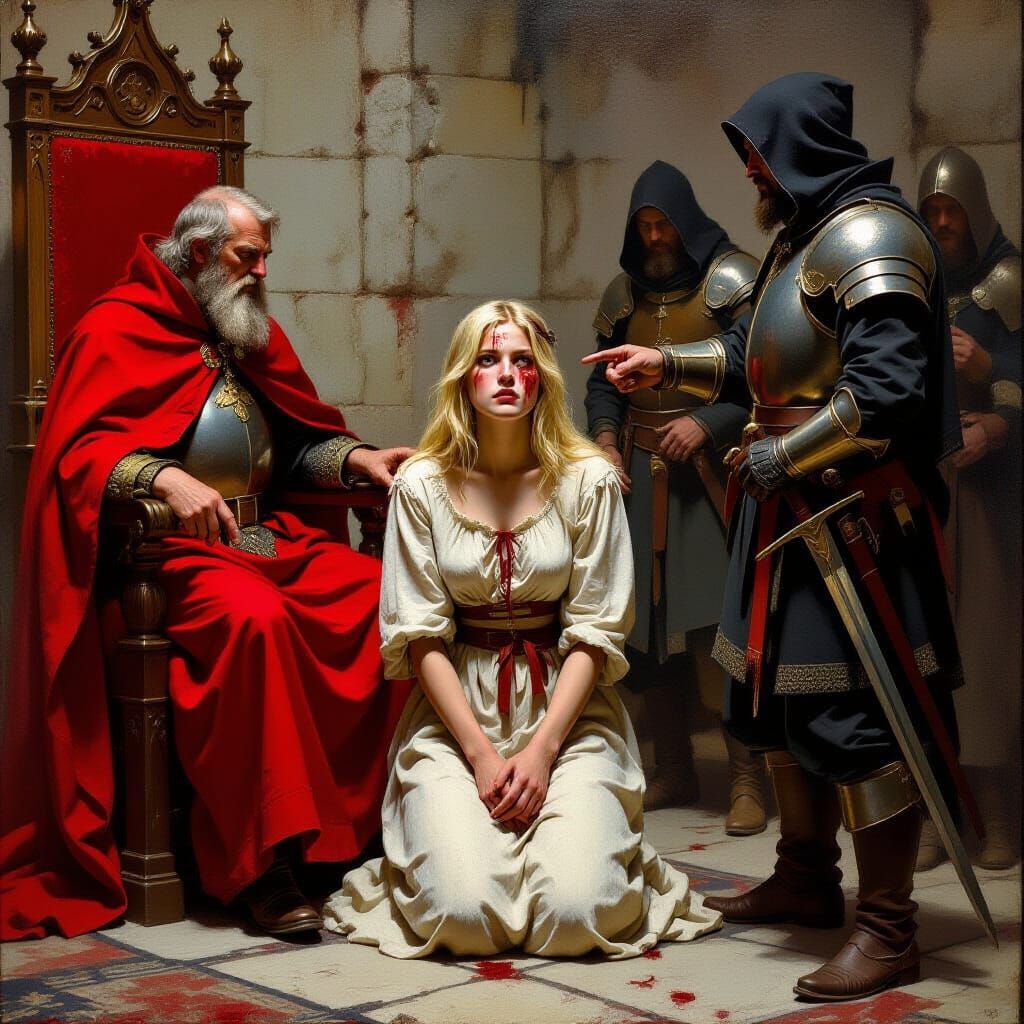 Medieval Peasant Woman Defies Evil Cardinal in Oil Painting