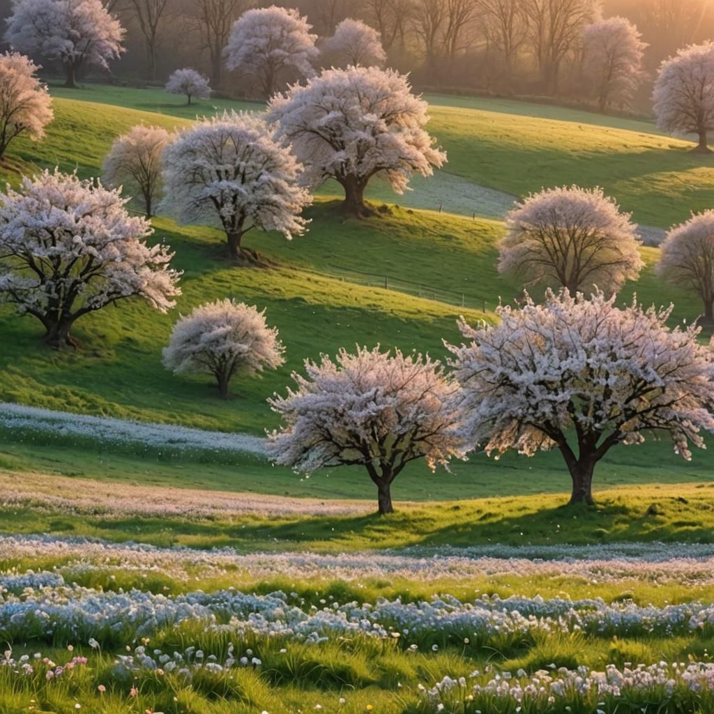 Vibrant Cherry Tree Blooms in a Springtime Meadow at Sunrise