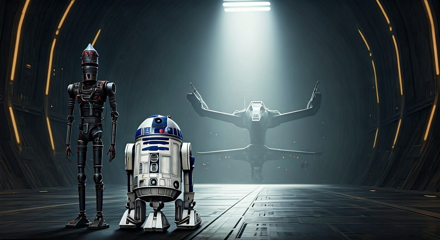 Droids Stand Guard in a Galactic Landing Bay