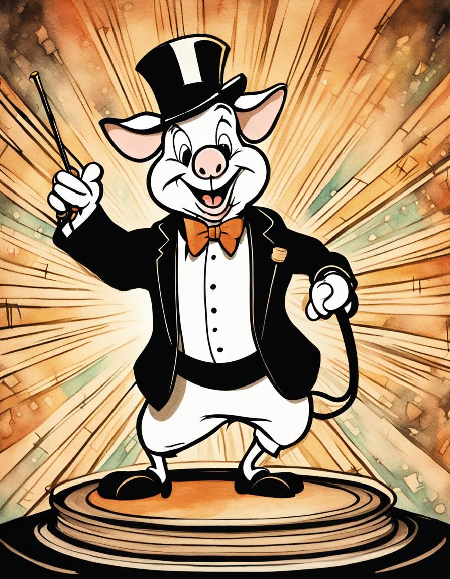 Retro Cartoon Porky Pig Dancing on 1920s Stage