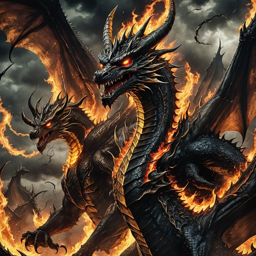 Demonic Three-Headed Dragon Rises from Hell in Dark Fantasy....