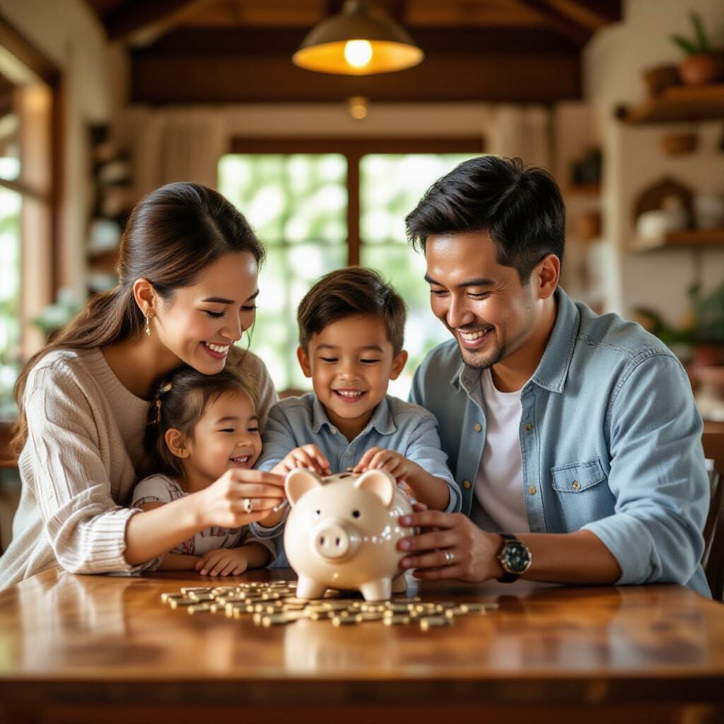Filipino Family Saving Money with Folk Art Elements