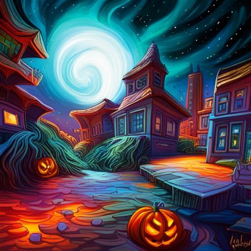 Vibrant Celestial Street Art on Halloween Night