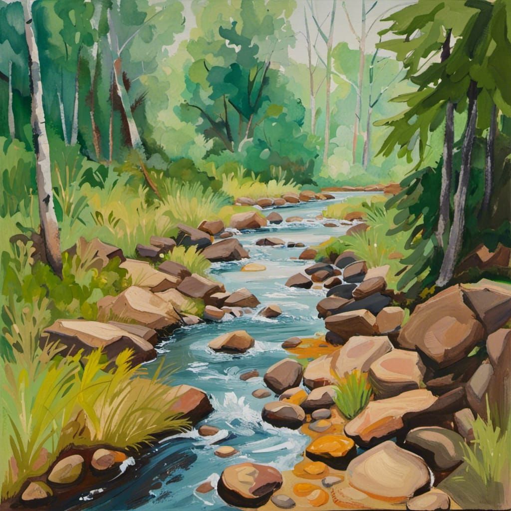 Lush Forest Creek Scene in Thick Impasto Brushstrokes