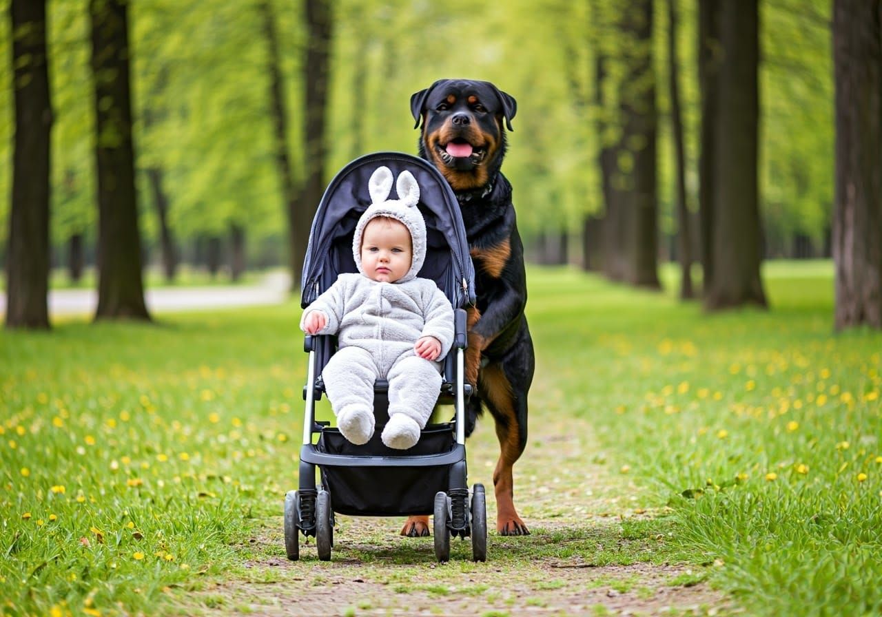 Loyal Rottweiler Safeguards Little One in Serene Park Scene