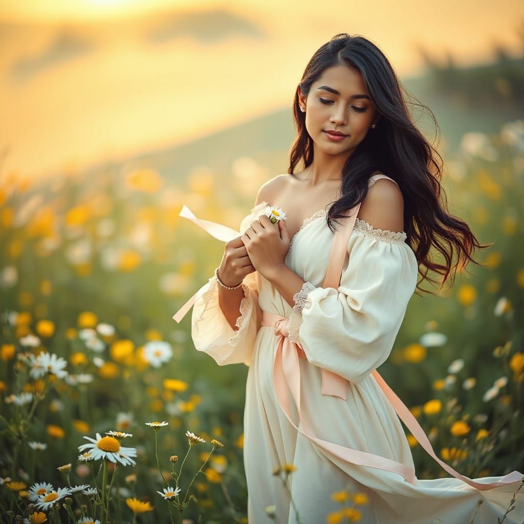Venezuelan Woman in Wildflower Meadow in Golden Light