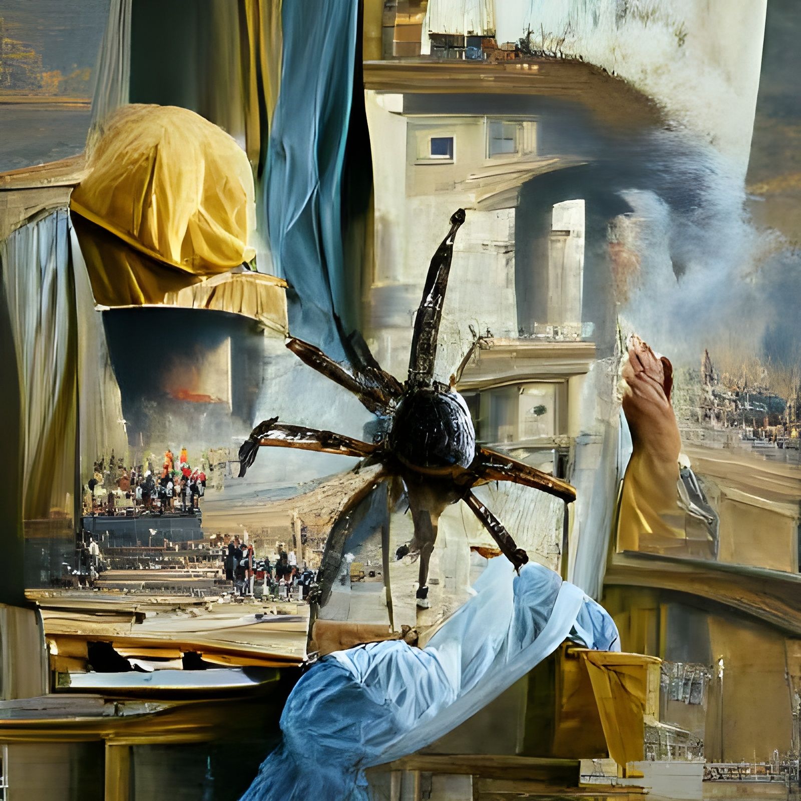 Fearful Young Woman Encircled by Eight Arachnids in a Harmon...