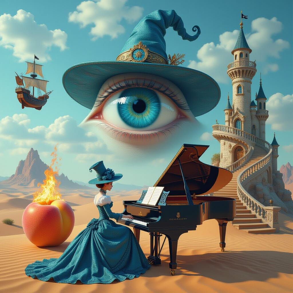 Surreal Dreamscape: Giant Eye, Burning Piano, and Pirate Shi...