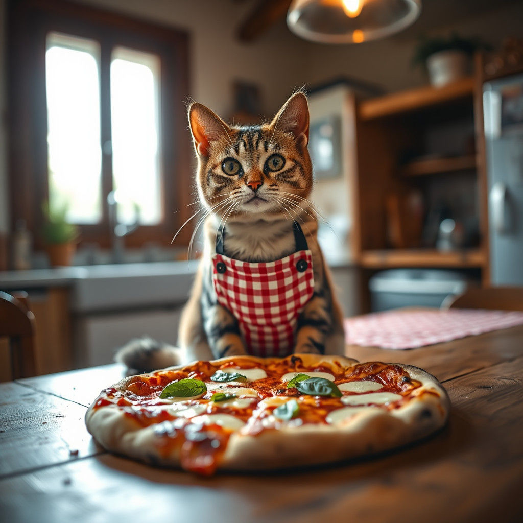 Whimsical Feline Chef Amidst Pizza Remains