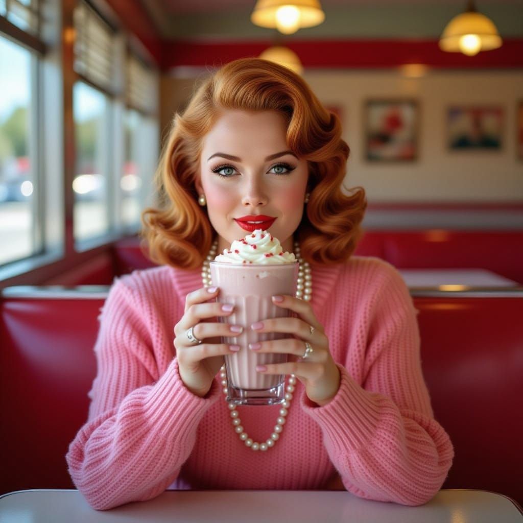 Lana Turner Enjoys Milkshake in Retro Diner