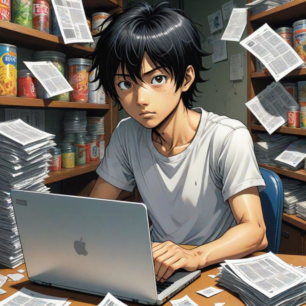 Curious Asian Boy Focuses on Laptop in Cozy Study