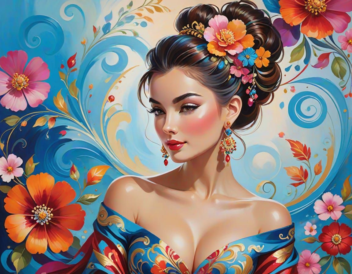 Elegant Woman in Floral Gown, Gouache Style