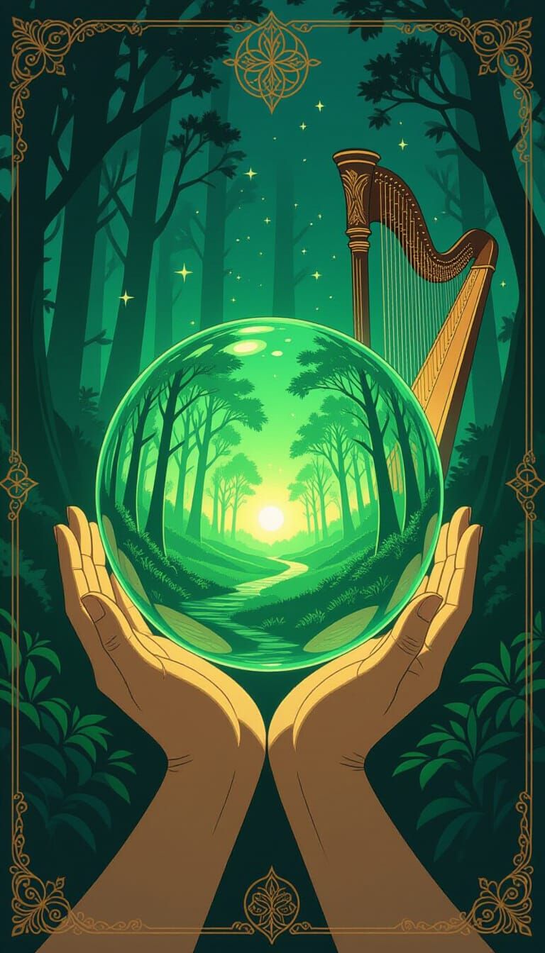 Emerald Orb Reflects Forgotten Memories in Dreamlike Forest