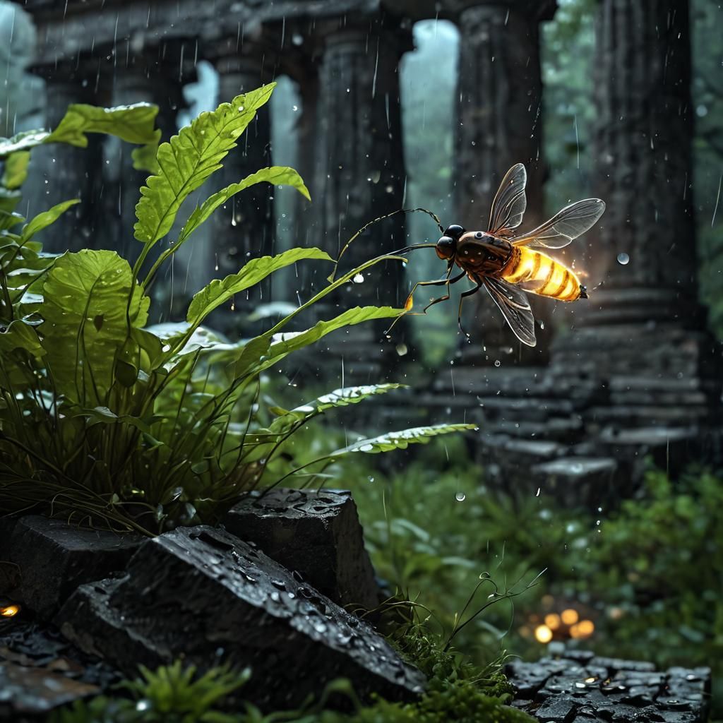 Android Fireflies Illuminate Ancient Ruins Under Heavy Rainf...