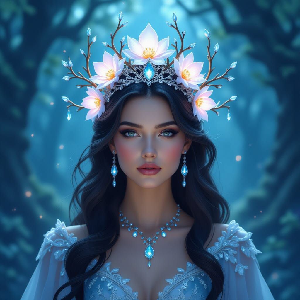 Majestic Queen in Moonpetal Crown, Ethereal Forest