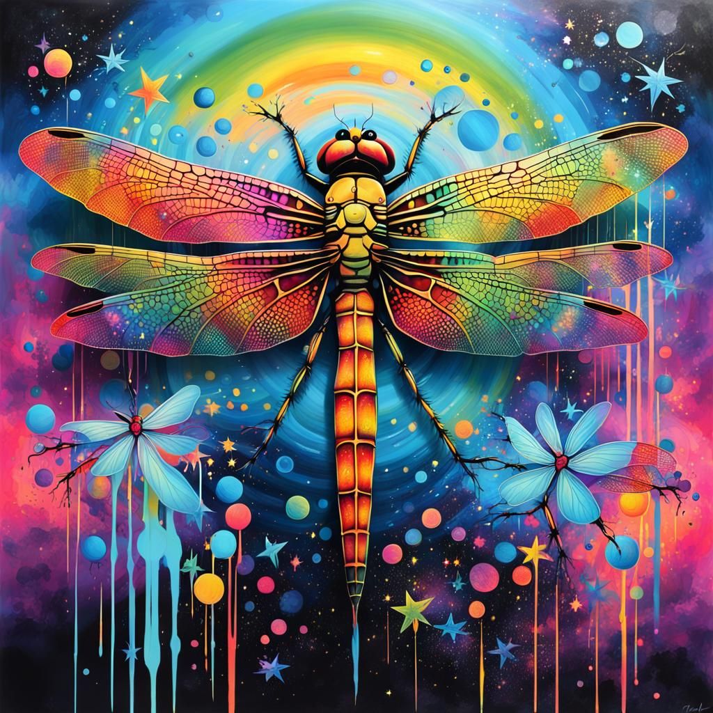 Vibrant Dawn Dragonfly in Psychedelic Graffiti Style