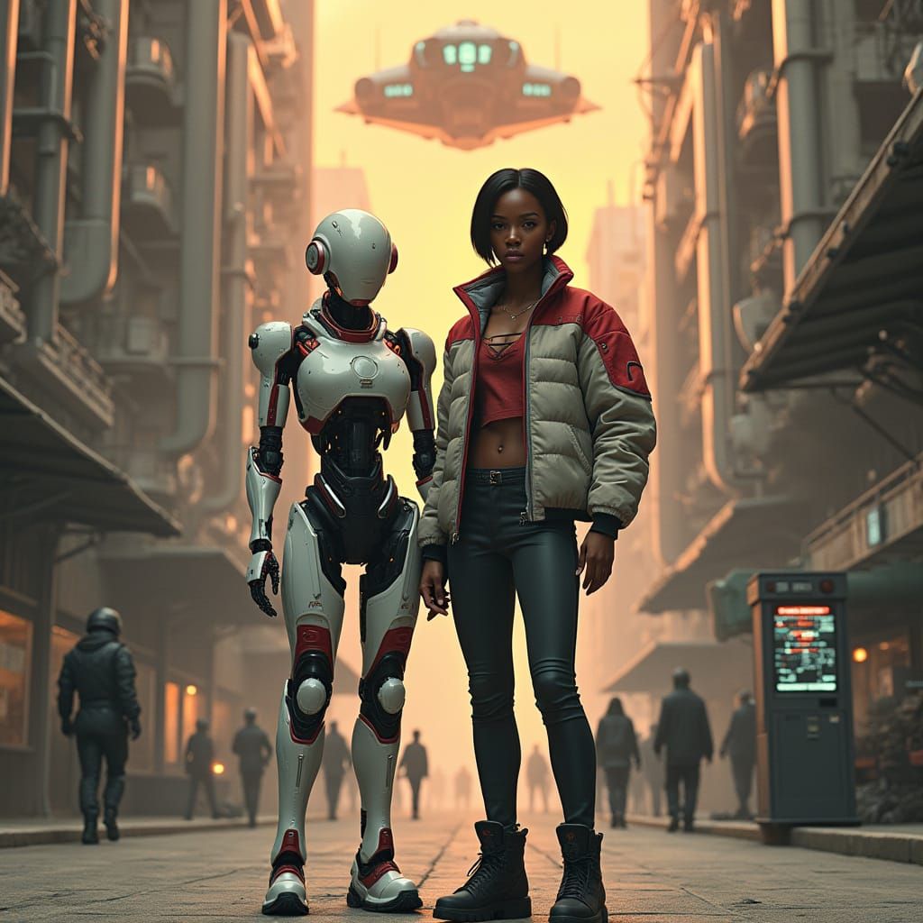Confident Woman Stands Beside Robotic Companion in Futuristi...