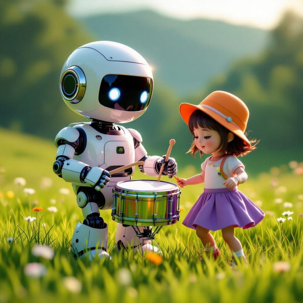 Robot and Girl on Meadow, 3D Rendered Digital Art
