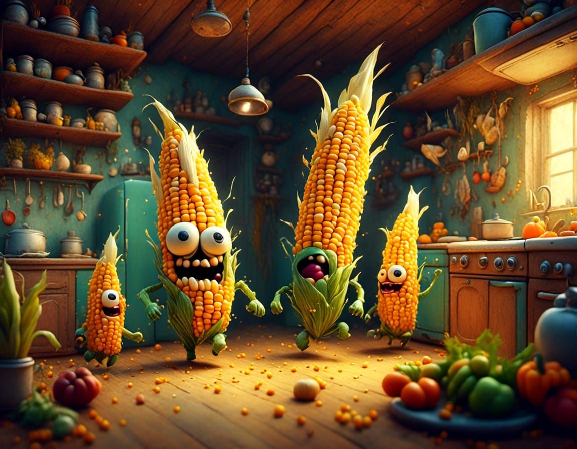 Cute Chibi Corn Monsters in a Vibrant Kitchen