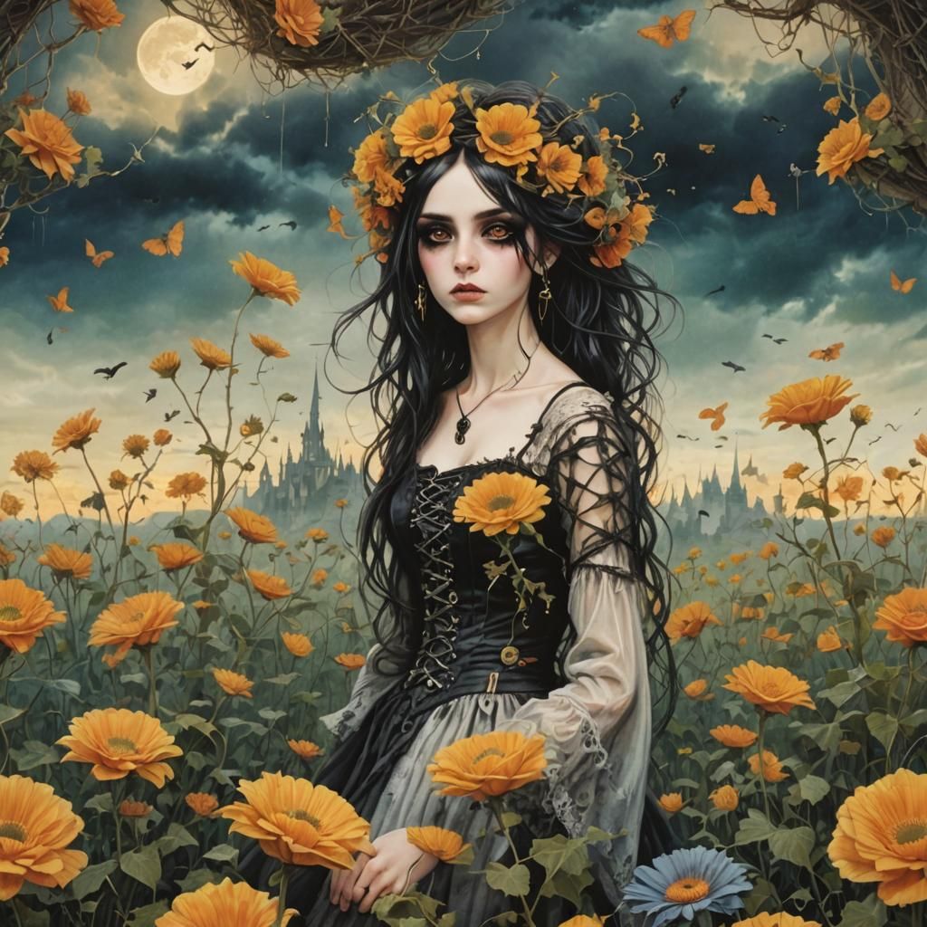 Gothic Woman in Dark Romantic Style with Flowers