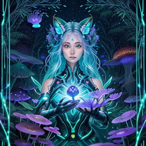 Cyborg Fox Goddesses in Neon-Lit Laboratory