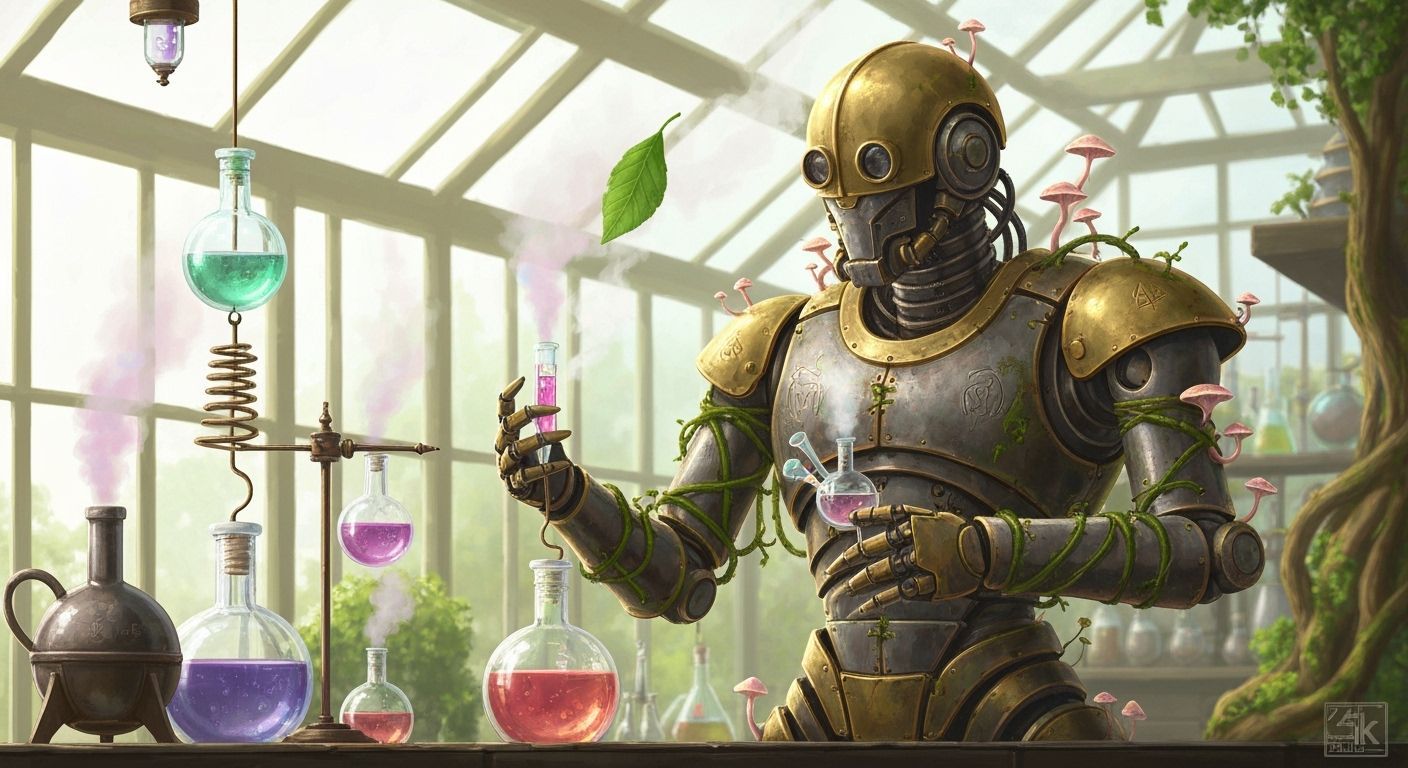 Alchemy Robot in Sunlit Greenhouse Laboratory