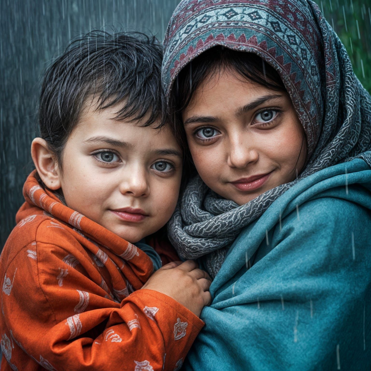 Arab Mother Cradles Children in the Rain